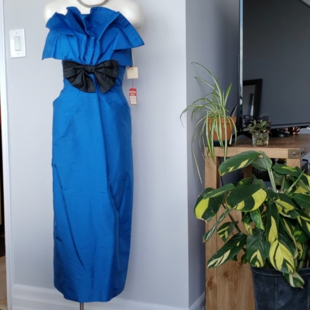 Vintage blue silk strapless designer gown with bow